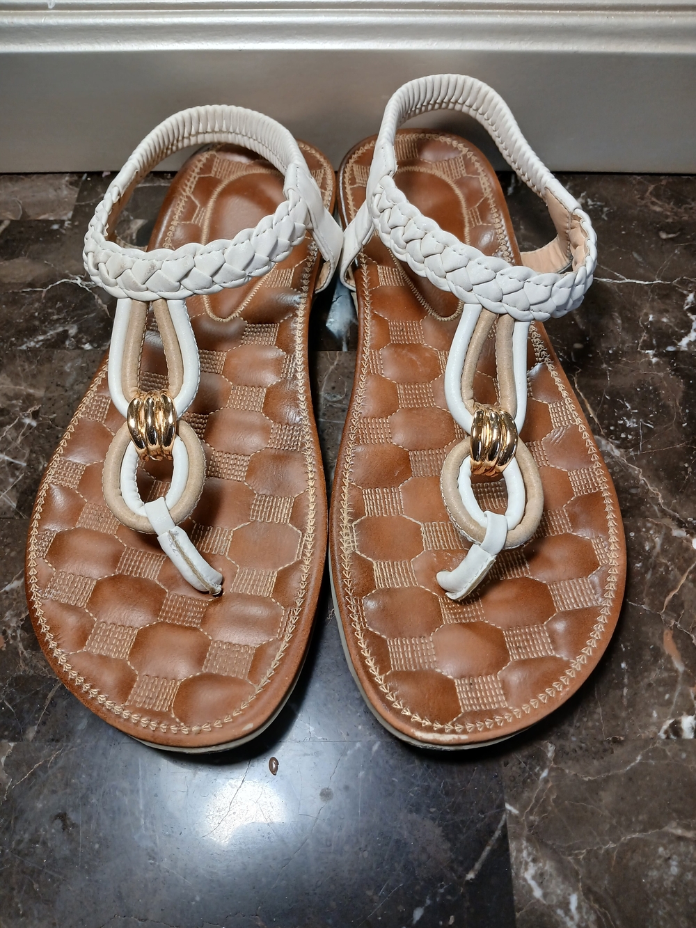 Spring Step Patrizia White Braided T-Strap Sandals with Gold Rings